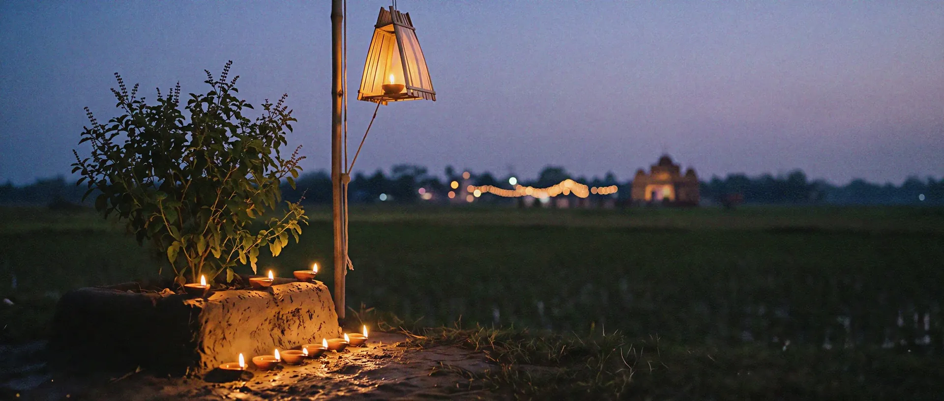 Earthen lamps lit beside a tulsi plant in an Assam paddy field at dusk during Kati Bihu, with a bamboo sky lantern and festive town lights in the distance