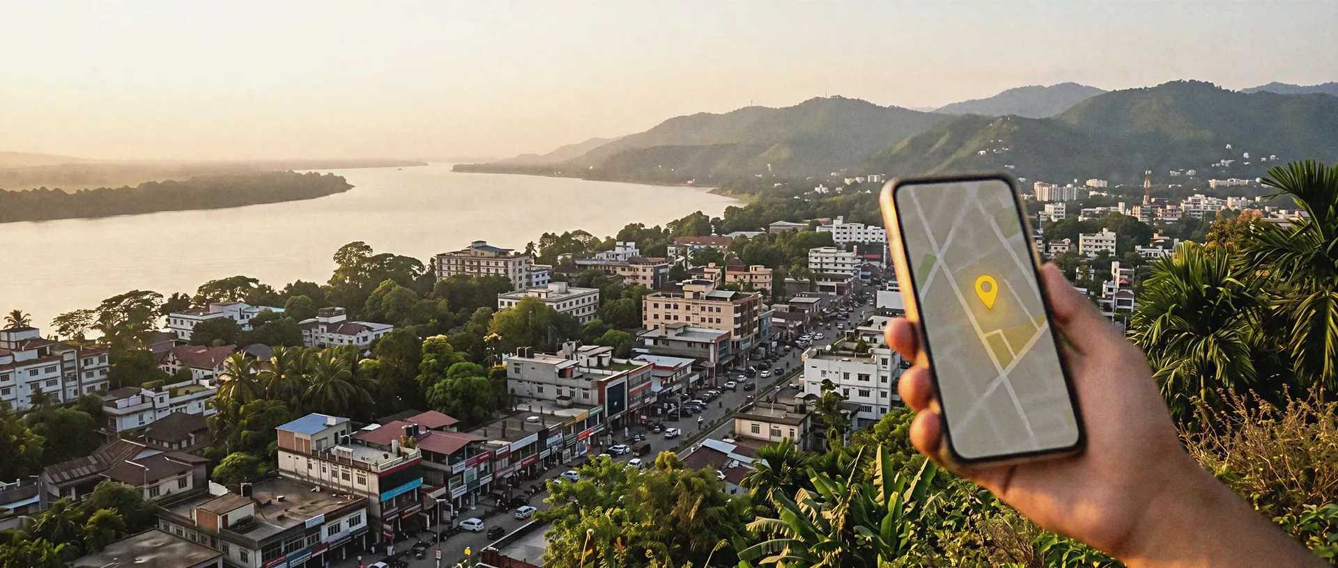 Smartphone showing a map pin held in front of the Guwahati skyline and the Brahmaputra river at golden hour