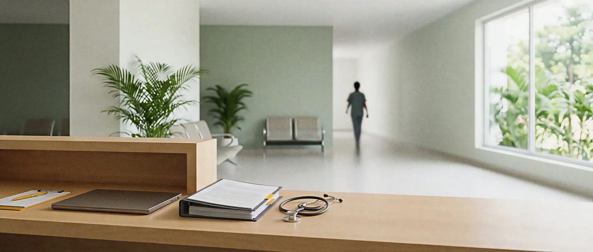 Calm hospital reception counter with a stethoscope, binder and laptop in soft morning light