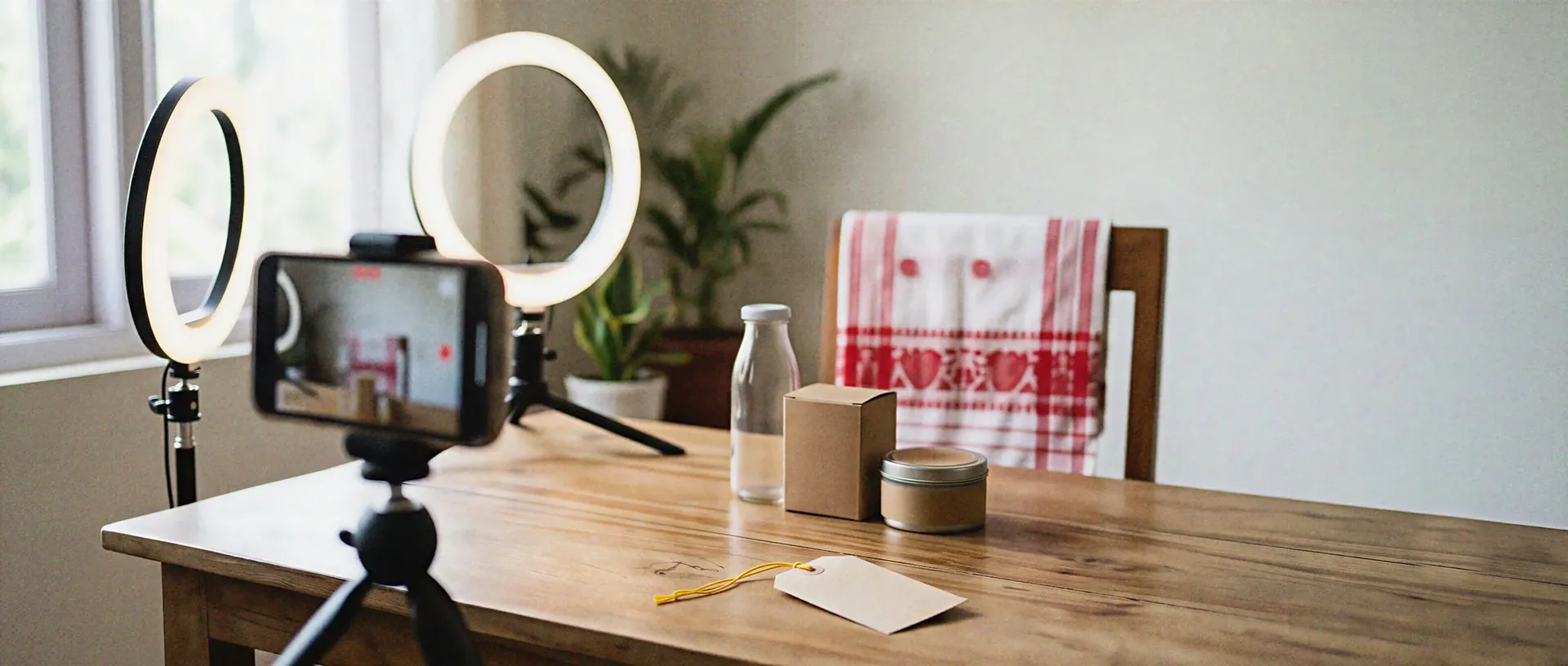 Smartphone on a tripod filming unbranded products in a home studio, with a blank paper tag on the table