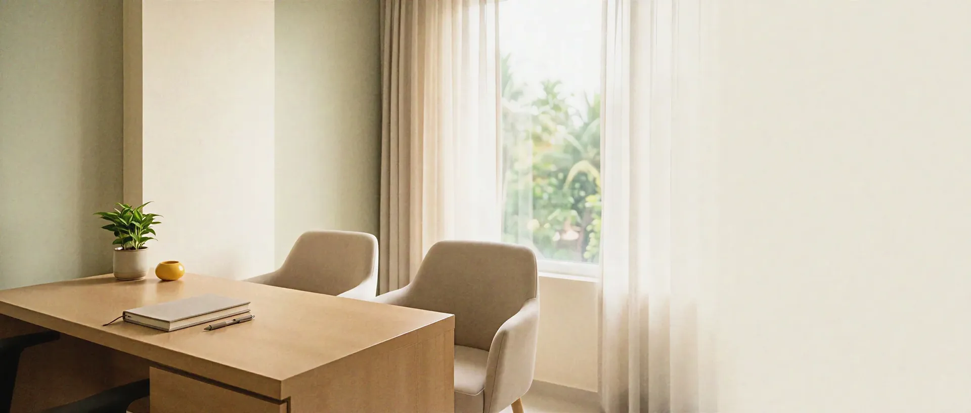 Quiet fertility clinic consultation room with two empty chairs facing a desk in soft morning light