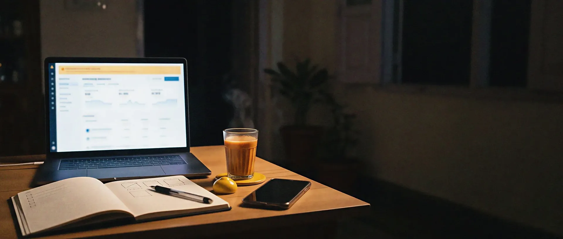 Laptop showing a dashboard with an amber warning bar beside a glass of Assam tea and a notebook at night