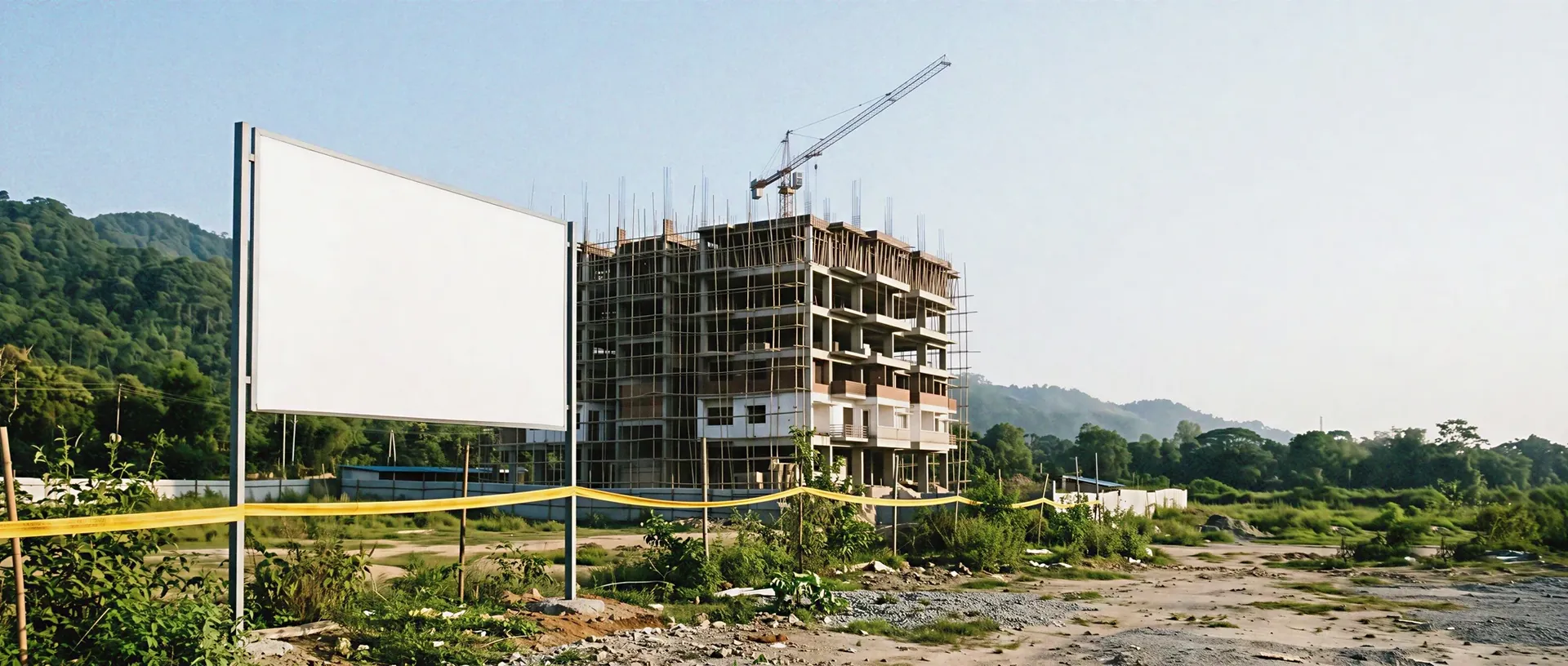Under-construction residential building near Guwahati with a crane, scaffolding and a blank site hoarding board in the foreground