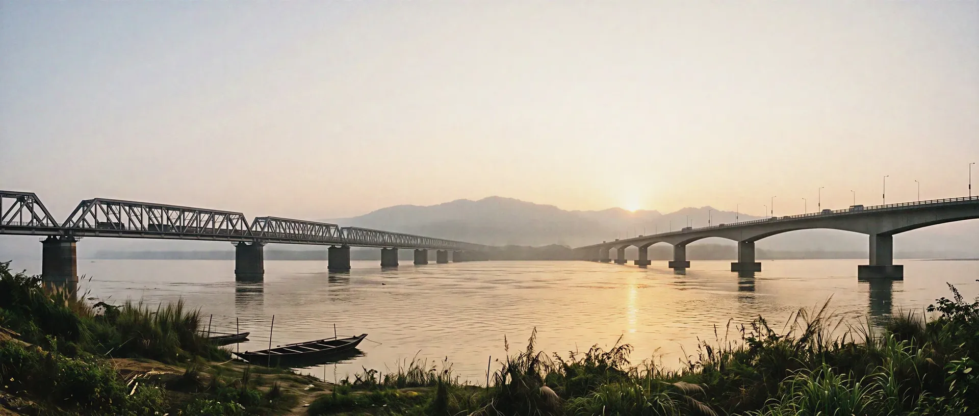 Old steel bridge and new concrete bridge side by side across the Brahmaputra river at Guwahati in morning haze